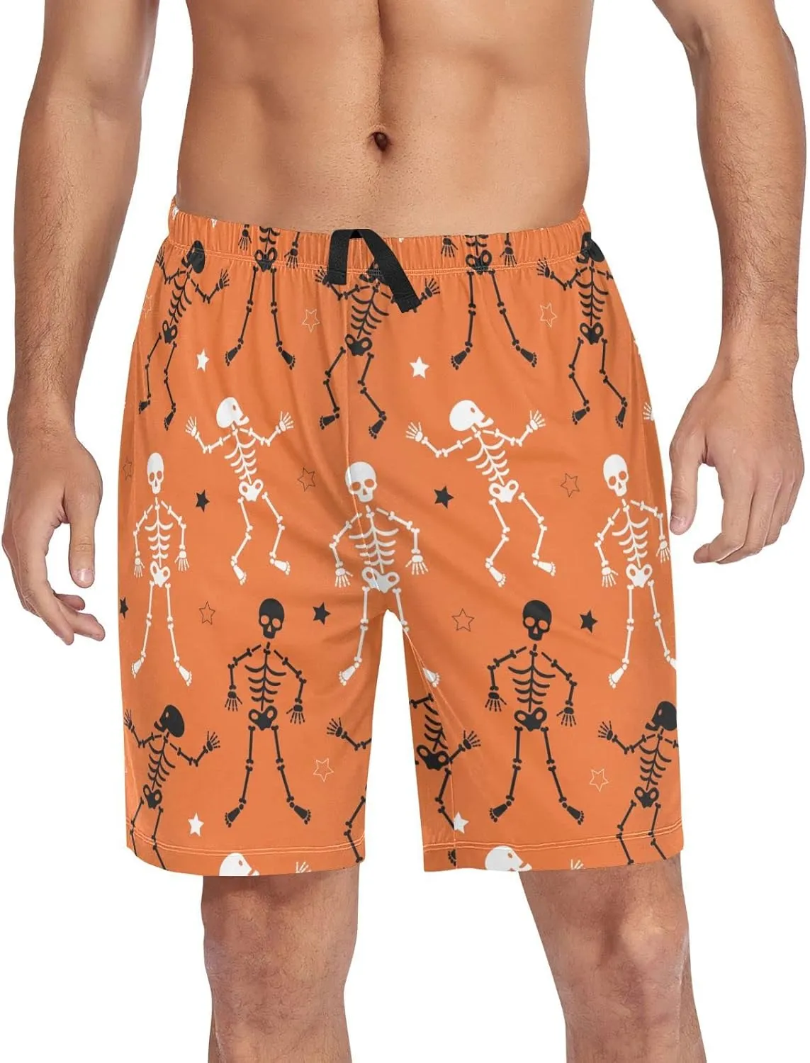 Skeletons And Star Pattern Halloween Orange Men's Pajama Pants Shorts Sleepwear Lounge Pajama Bottoms