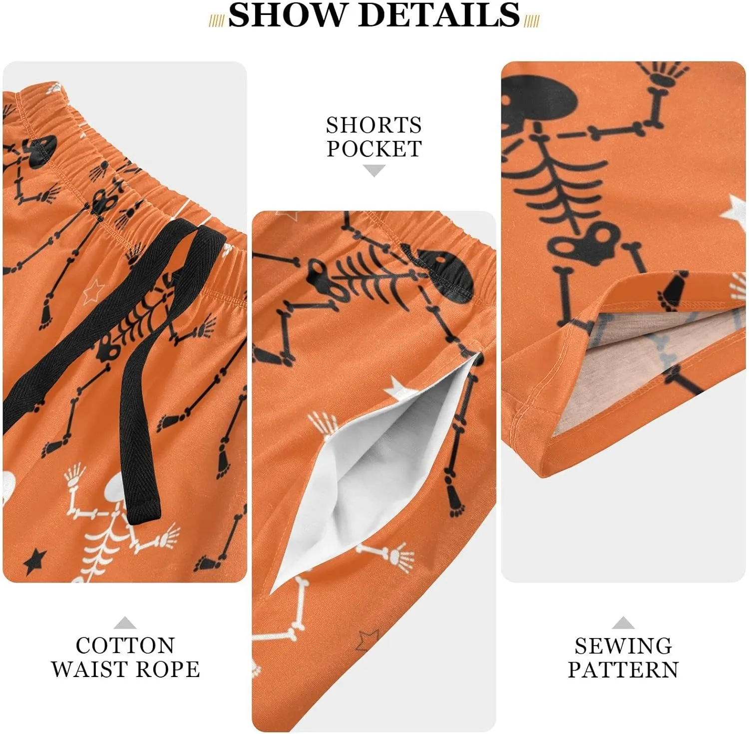Skeletons And Star Pattern Halloween Orange Men's Pajama Pants Shorts Sleepwear Lounge Pajama Bottoms