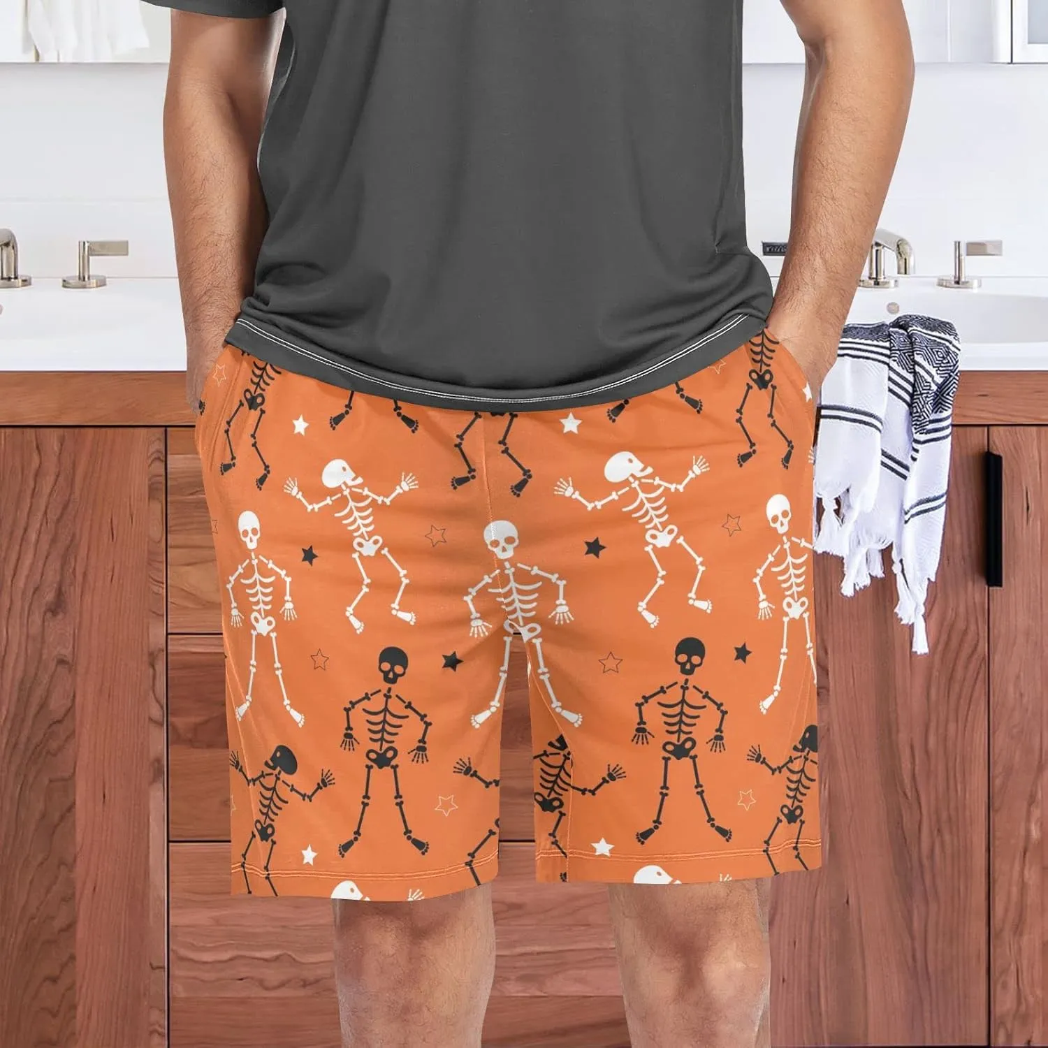 Skeletons And Star Pattern Halloween Orange Men's Pajama Pants Shorts Sleepwear Lounge Pajama Bottoms