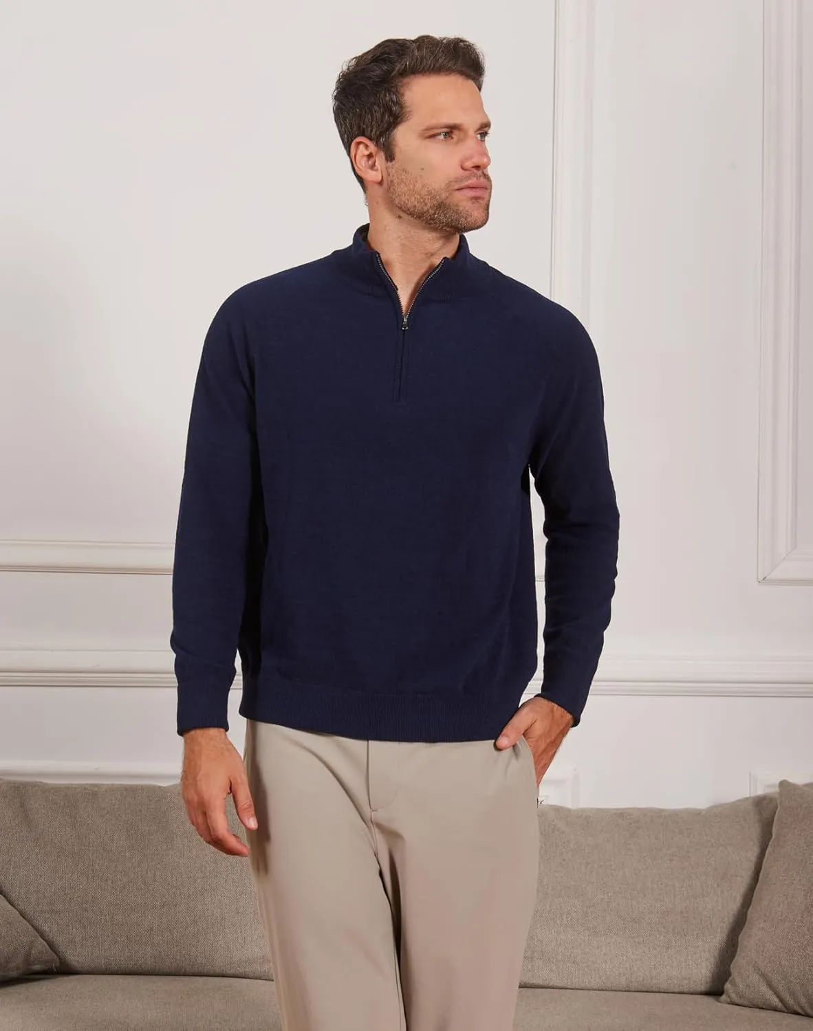 Soft Fluffy Sweaters for Men Quarter Zip Pullover Polo Mock Neck Anti-Pilling