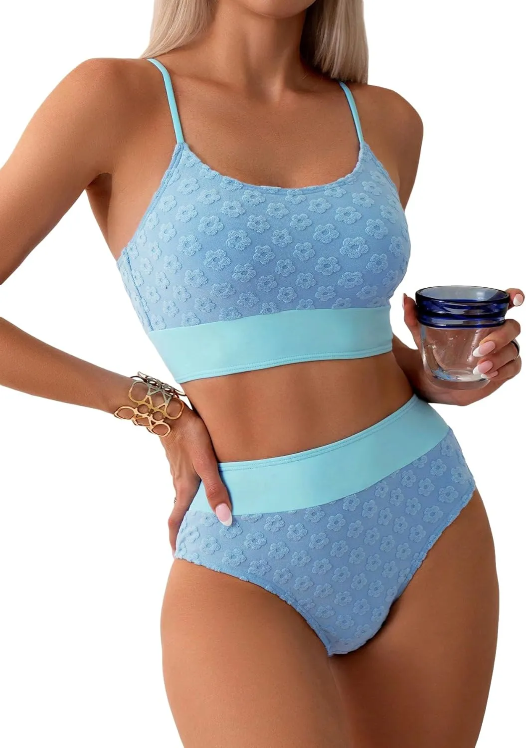 SOLY HUX Bikini Sets for Women Color Block Floral Print High Waisted Bathing Suits Two Piece Swimsuit