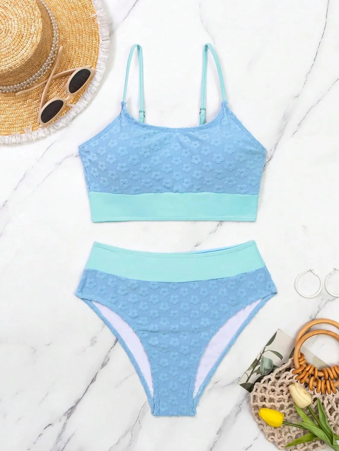 SOLY HUX Bikini Sets for Women Color Block Floral Print High Waisted Bathing Suits Two Piece Swimsuit