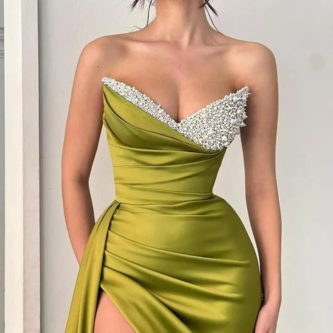 Strapless Mermaid Prom Dresses 2024 Long Sequin Beaded Satin V Neck Pleated Formal Dresses Evening Party Gowns with Slit