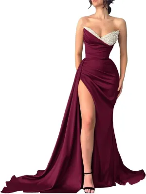 Strapless Mermaid Prom Dresses 2024 Long Sequin Beaded Satin V Neck Pleated Formal Dresses Evening Party Gowns with Slit