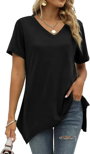 Summer Tops for Women V Neck Short Sleeve Tops Dovetail Hem T-Shirt Solid Casual Loose Shirt
