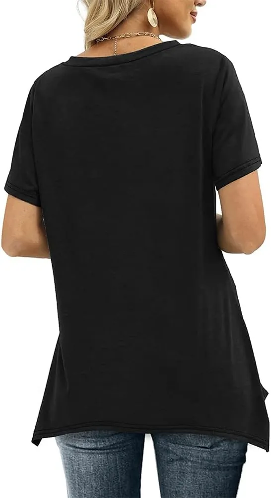 Summer Tops for Women V Neck Short Sleeve Tops Dovetail Hem T-Shirt Solid Casual Loose Shirt