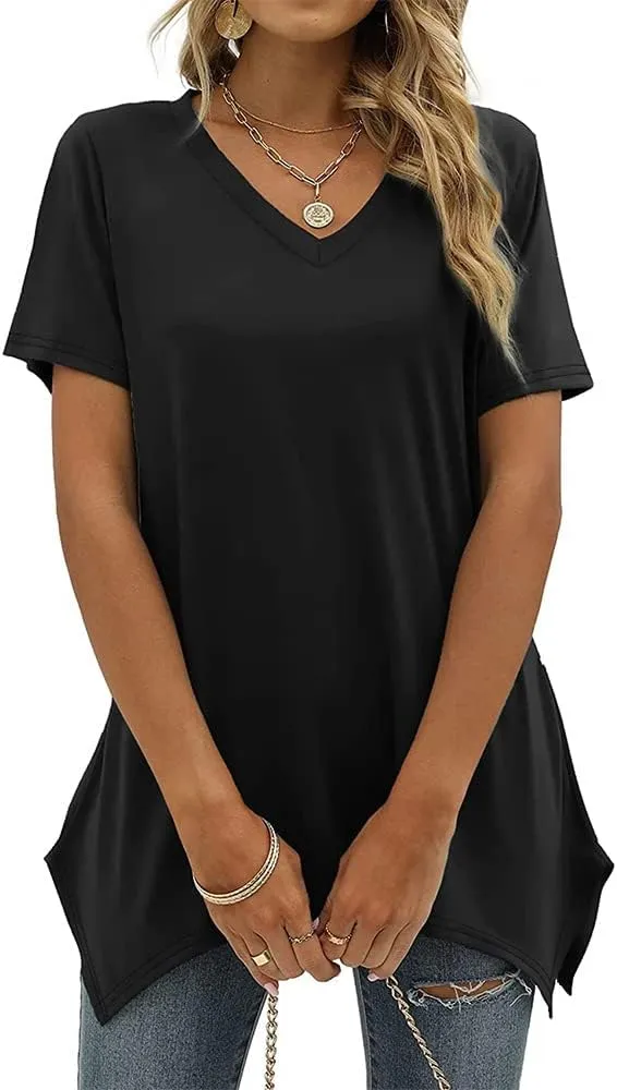 Summer Tops for Women V Neck Short Sleeve Tops Dovetail Hem T-Shirt Solid Casual Loose Shirt