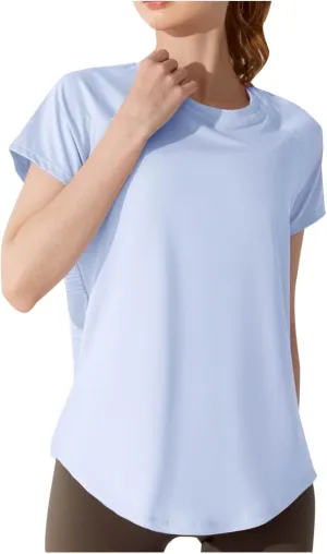 Summer Workout T Shirts for Women Sexy Cut Out Back Yoga Tops Short Sleeve Mesh Patchwork Jogger Basic Tees with Slit