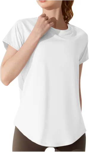Summer Workout T Shirts for Women Sexy Cut Out Back Yoga Tops Short Sleeve Mesh Patchwork Jogger Basic Tees with Slit