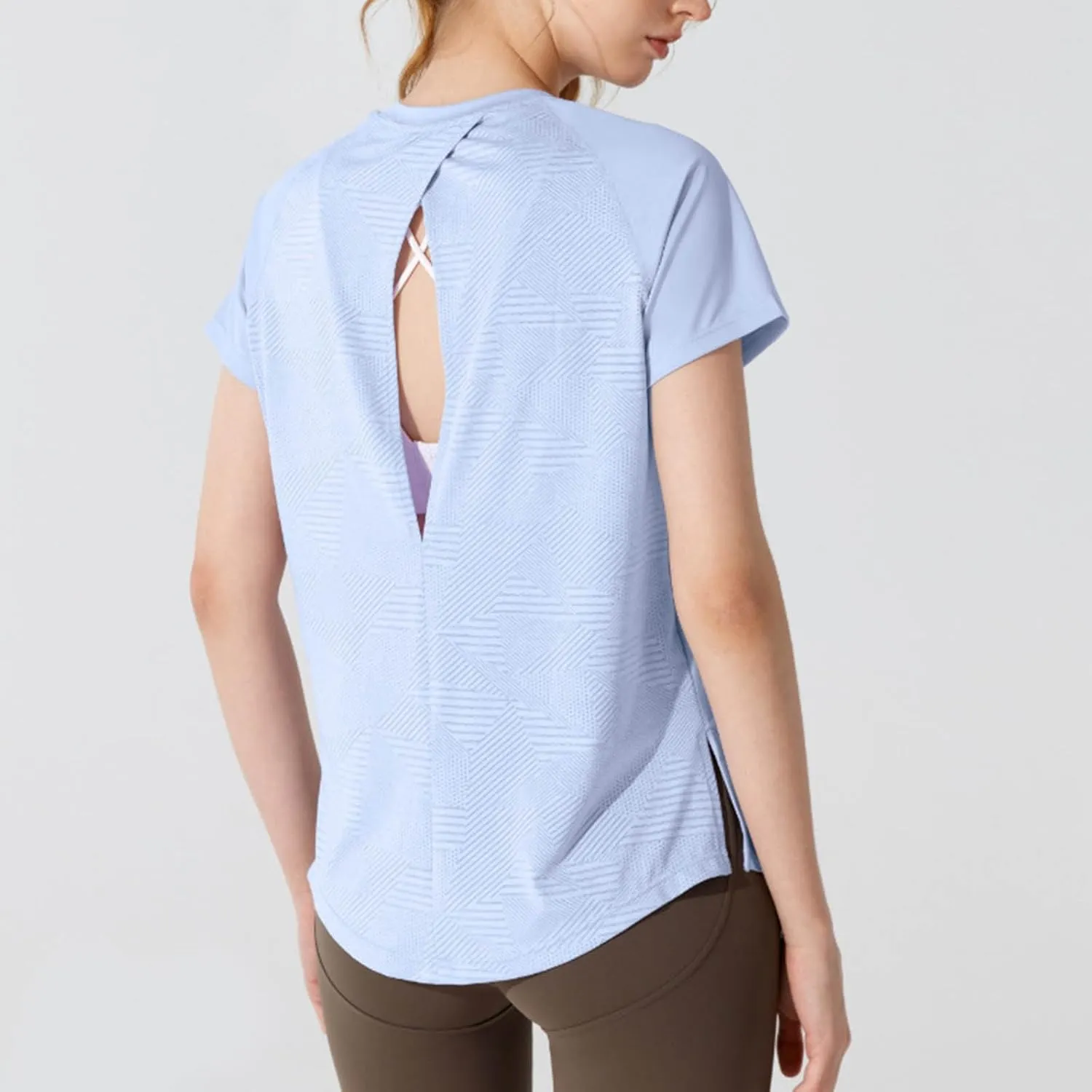 Summer Workout T Shirts for Women Sexy Cut Out Back Yoga Tops Short Sleeve Mesh Patchwork Jogger Basic Tees with Slit