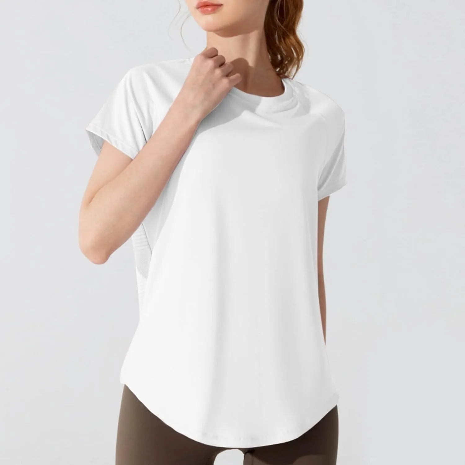 Summer Workout T Shirts for Women Sexy Cut Out Back Yoga Tops Short Sleeve Mesh Patchwork Jogger Basic Tees with Slit