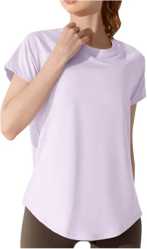 Summer Workout T Shirts for Women Sexy Cut Out Back Yoga Tops Short Sleeve Mesh Patchwork Jogger Basic Tees with Slit