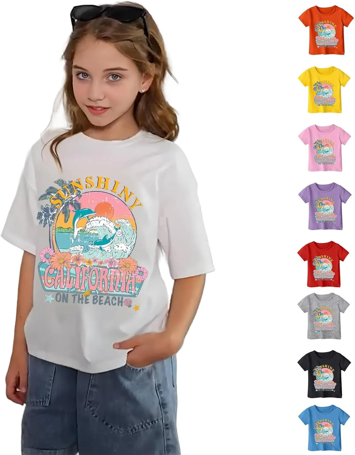 Sunshine California On The Beach Graphic Girls Tee Shirts Cotton Flower Cute Summer Tops for Teens Crewneck Preppy Clothes