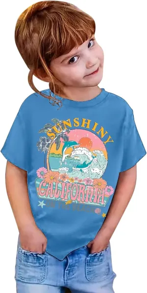Sunshine California On The Beach Graphic Girls Tee Shirts Cotton Flower Cute Summer Tops for Teens Crewneck Preppy Clothes