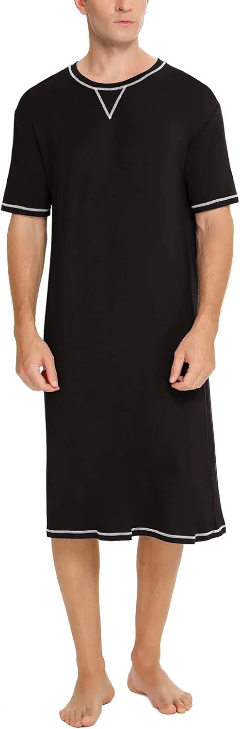 SWOMOG Men's Nightshirt Short Sleeve Nightgown Soft Loose Sleepwear Lightweight Nightwear Comfy Henley Sleep Shirt S-XXL