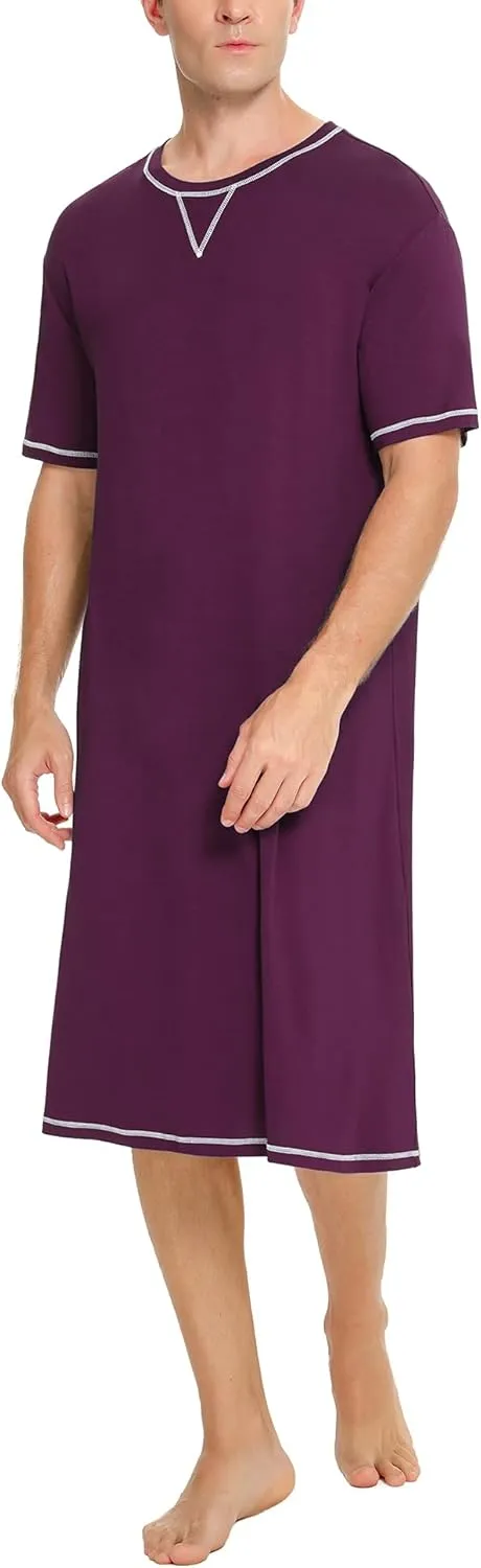 SWOMOG Men's Nightshirt Short Sleeve Nightgown Soft Loose Sleepwear Lightweight Nightwear Comfy Henley Sleep Shirt S-XXL