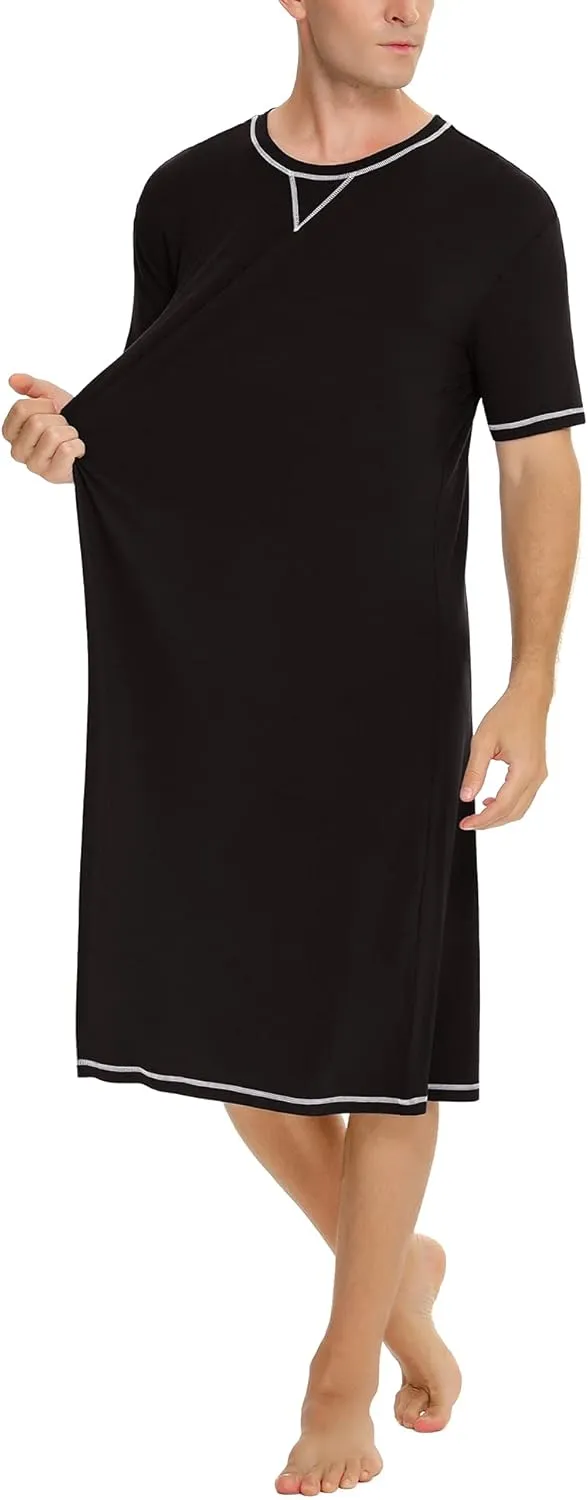 SWOMOG Men's Nightshirt Short Sleeve Nightgown Soft Loose Sleepwear Lightweight Nightwear Comfy Henley Sleep Shirt S-XXL