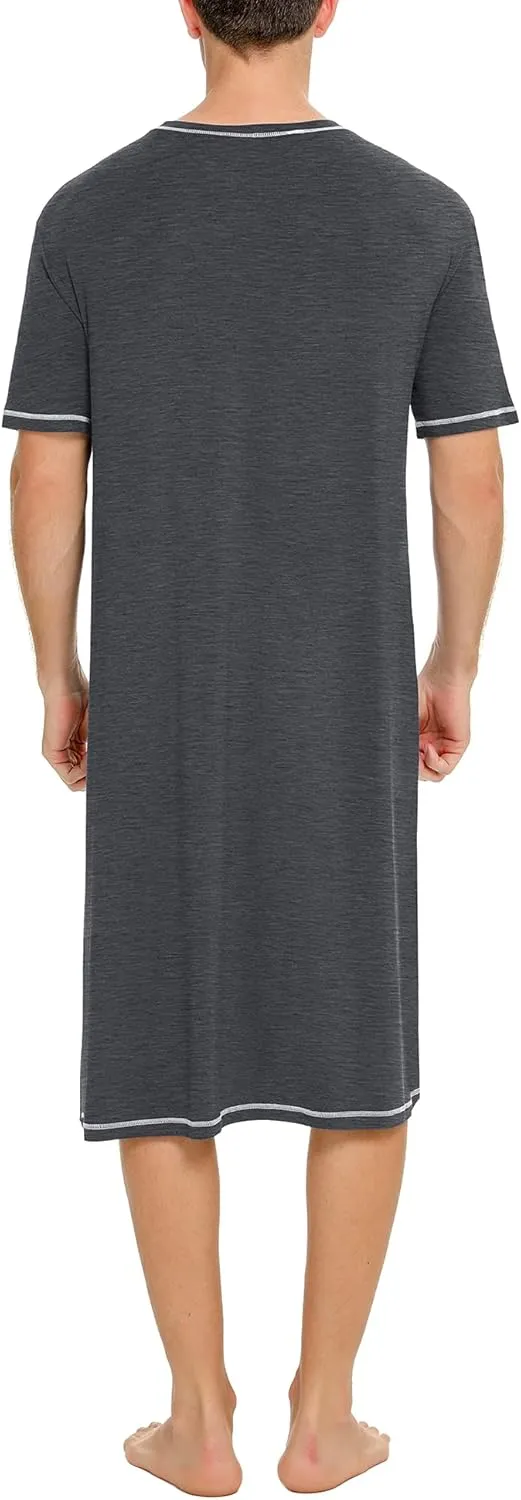 SWOMOG Men's Nightshirt Short Sleeve Nightgown Soft Loose Sleepwear Lightweight Nightwear Comfy Henley Sleep Shirt S-XXL
