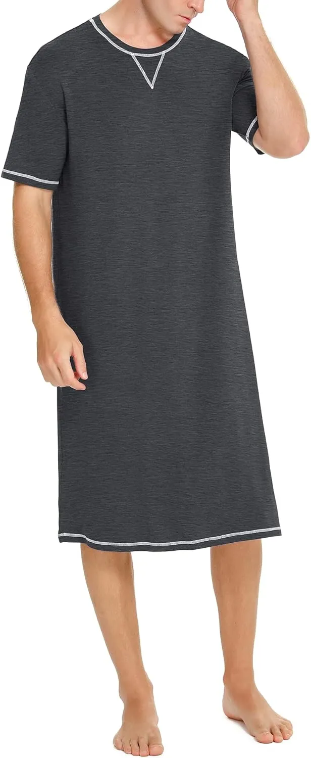 SWOMOG Men's Nightshirt Short Sleeve Nightgown Soft Loose Sleepwear Lightweight Nightwear Comfy Henley Sleep Shirt S-XXL
