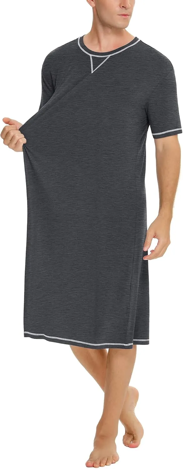 SWOMOG Men's Nightshirt Short Sleeve Nightgown Soft Loose Sleepwear Lightweight Nightwear Comfy Henley Sleep Shirt S-XXL