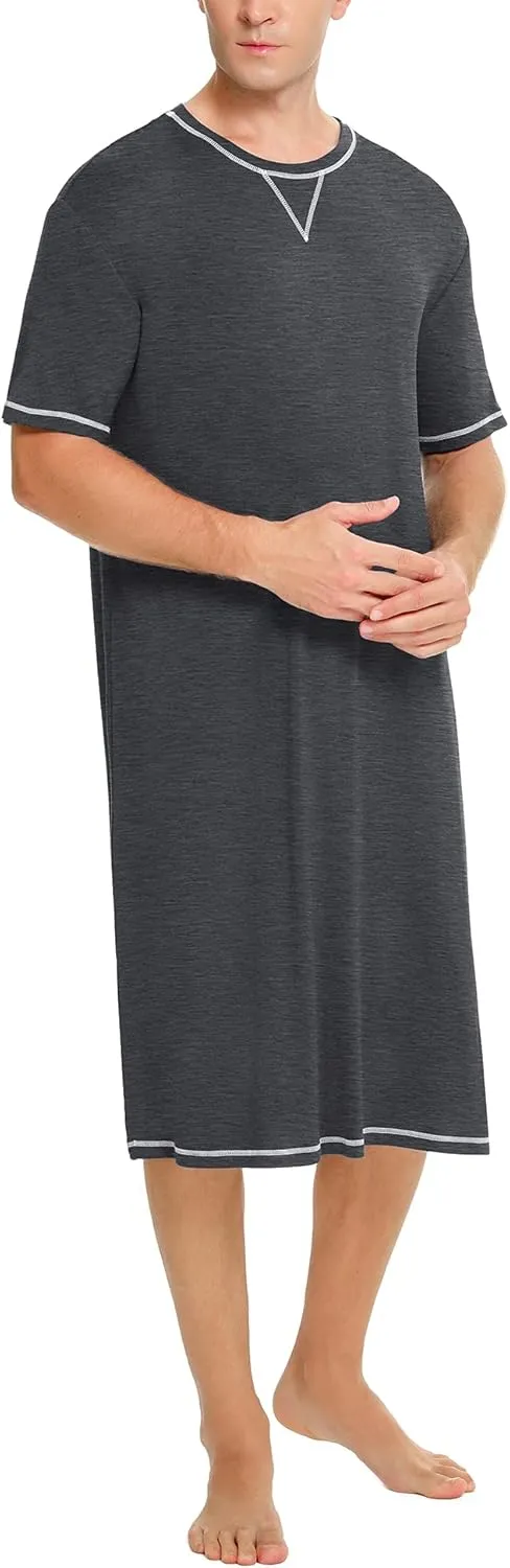 SWOMOG Men's Nightshirt Short Sleeve Nightgown Soft Loose Sleepwear Lightweight Nightwear Comfy Henley Sleep Shirt S-XXL