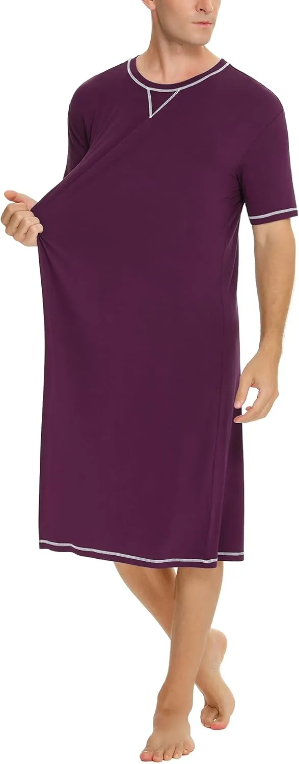 SWOMOG Men's Nightshirt Short Sleeve Nightgown Soft Loose Sleepwear Lightweight Nightwear Comfy Henley Sleep Shirt S-XXL