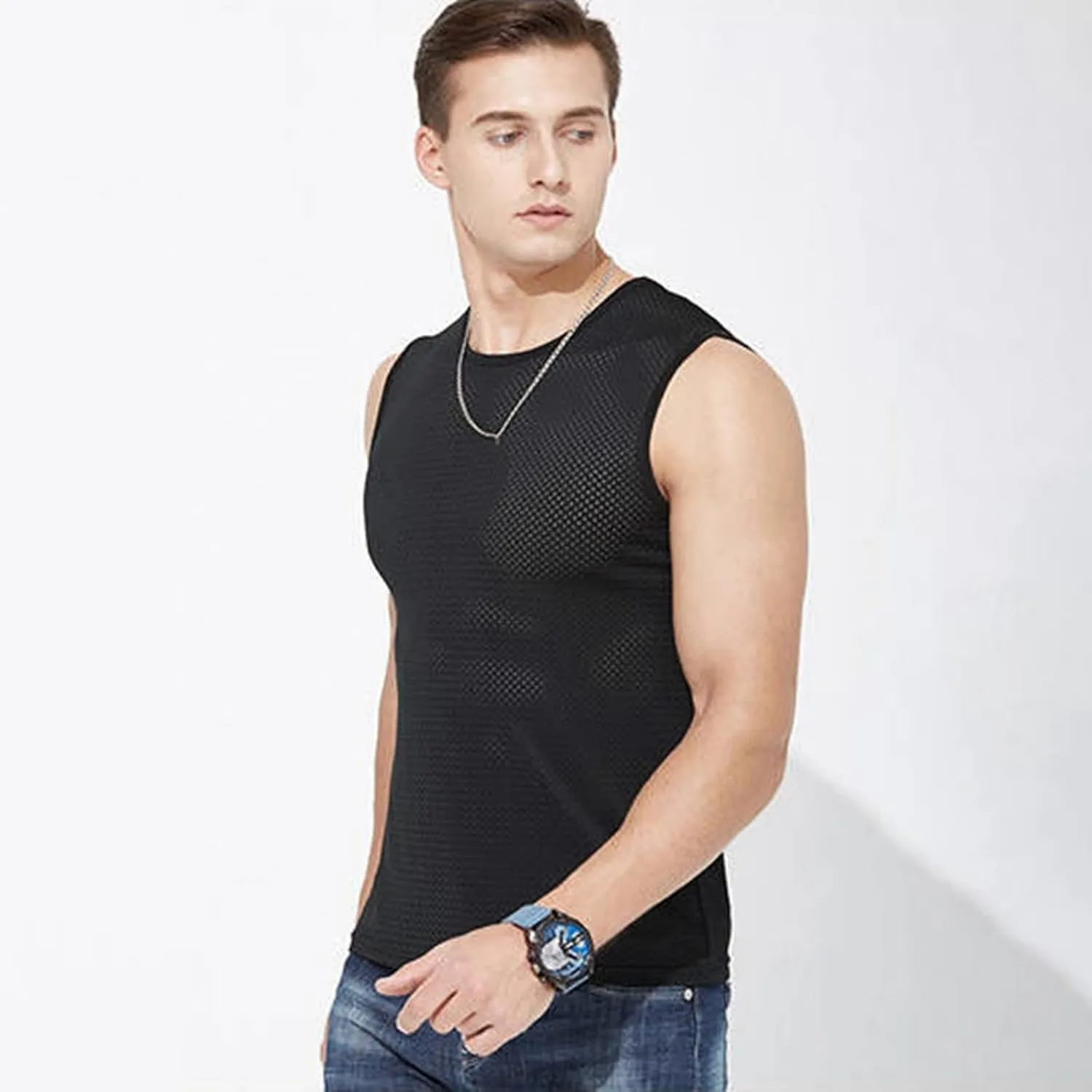 Tank Shirts for Man Summer Casual and Sport Mesh Hollow Ice Silk Sleeveless Thin Vest