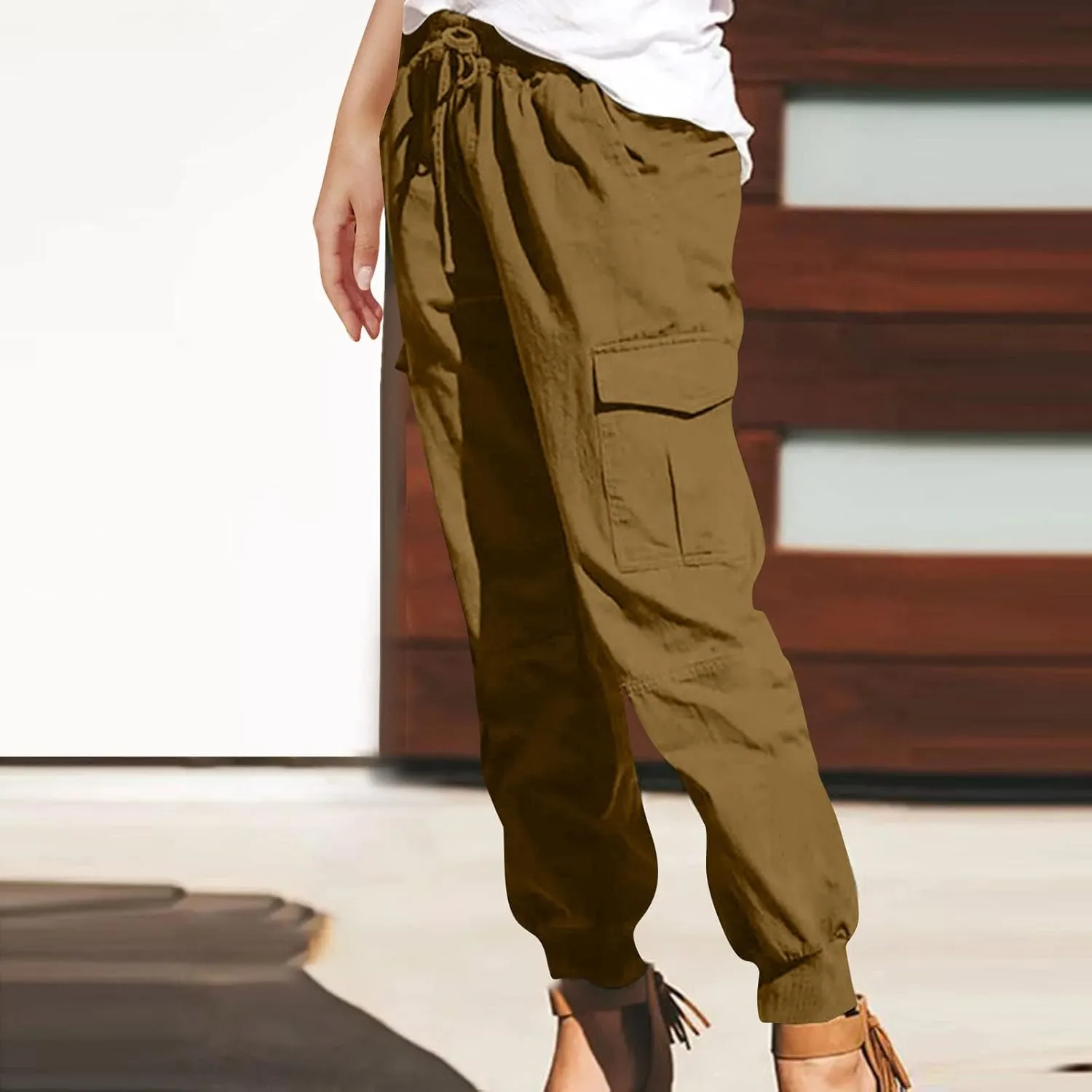 Tapered Cargo Pants for Women Plus Size Drawstring Elastic Waisted Lounge Pants Loose Sweat Pants with Multi Pockets