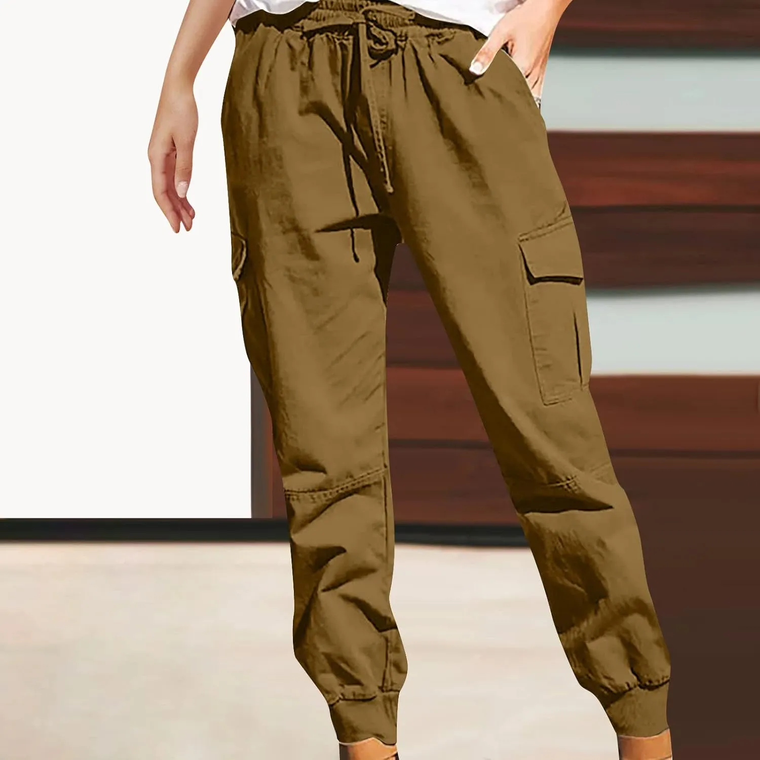 Tapered Cargo Pants for Women Plus Size Drawstring Elastic Waisted Lounge Pants Loose Sweat Pants with Multi Pockets