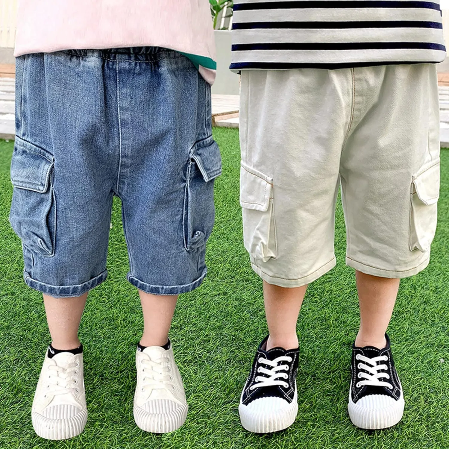 Toddler Baby Boys Jeans Pull On Denim Cargo Pants Spring Loose Elastic Waist Cropped Trouser with Pocket Kids Jeans