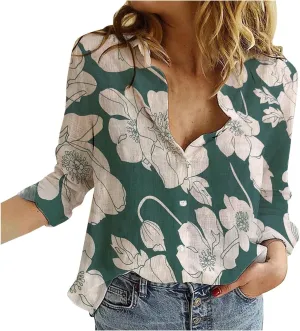 Tops for Women Lapel V Neck Mushroom Print Shirts Summer Cotton Linen Tees Shirts Long Sleeve Button Down Blouses