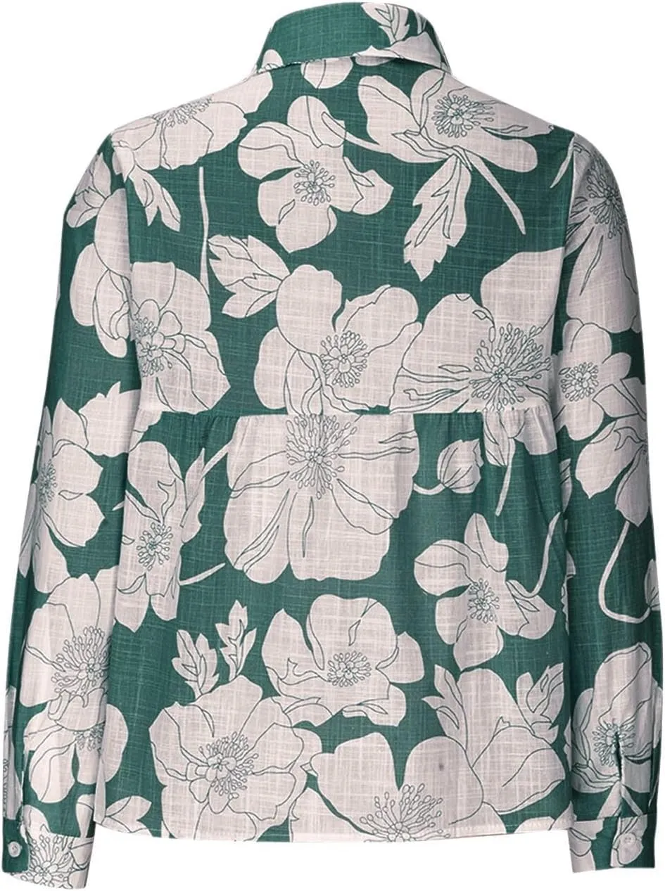 Tops for Women Lapel V Neck Mushroom Print Shirts Summer Cotton Linen Tees Shirts Long Sleeve Button Down Blouses