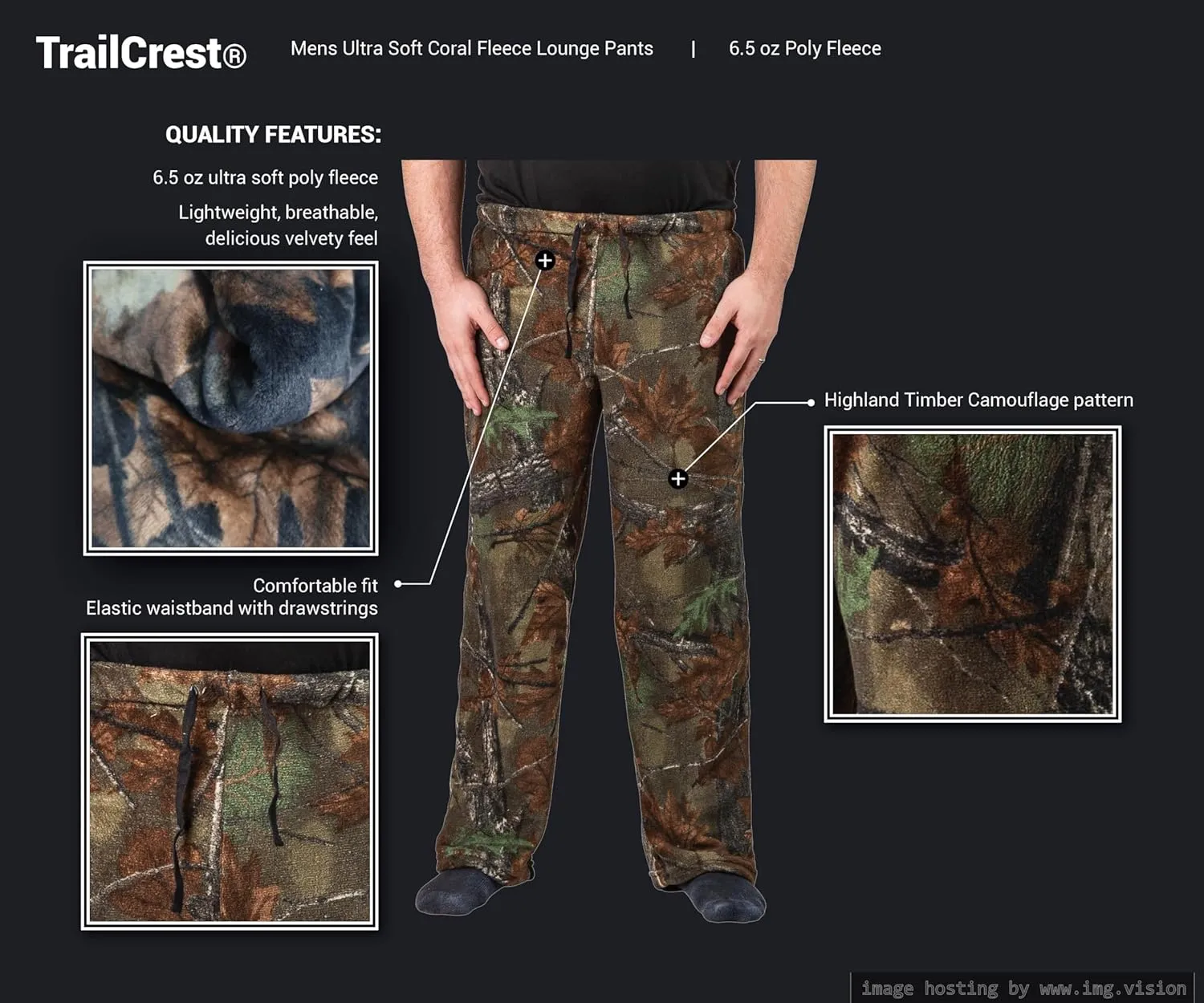 TrailCrest by Treel Men's Open Bottom Sleep & Lounge Plush Coral Fleece Pajama Pants