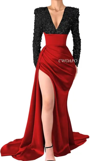 V Neck Sequin Long Sleeve Prom Dresses Satin Mermaid Evening Gowns for Women Formal Wedding Party Gala Dress with Slit
