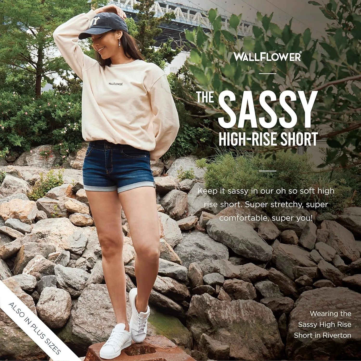 WallFlower Women's Sassy Denim Shorts High-Rise Insta Soft Juniors (Standard and Plus)