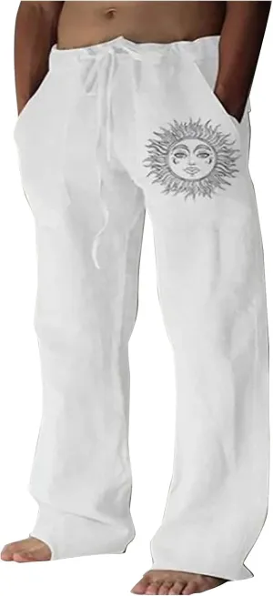 WENKOMG1 Mens Cotton Linen Pants,Wide Leg Drawstring Closure Pull On Trousers Loose Fit Baggy Lounge Wide Leg Bottoms