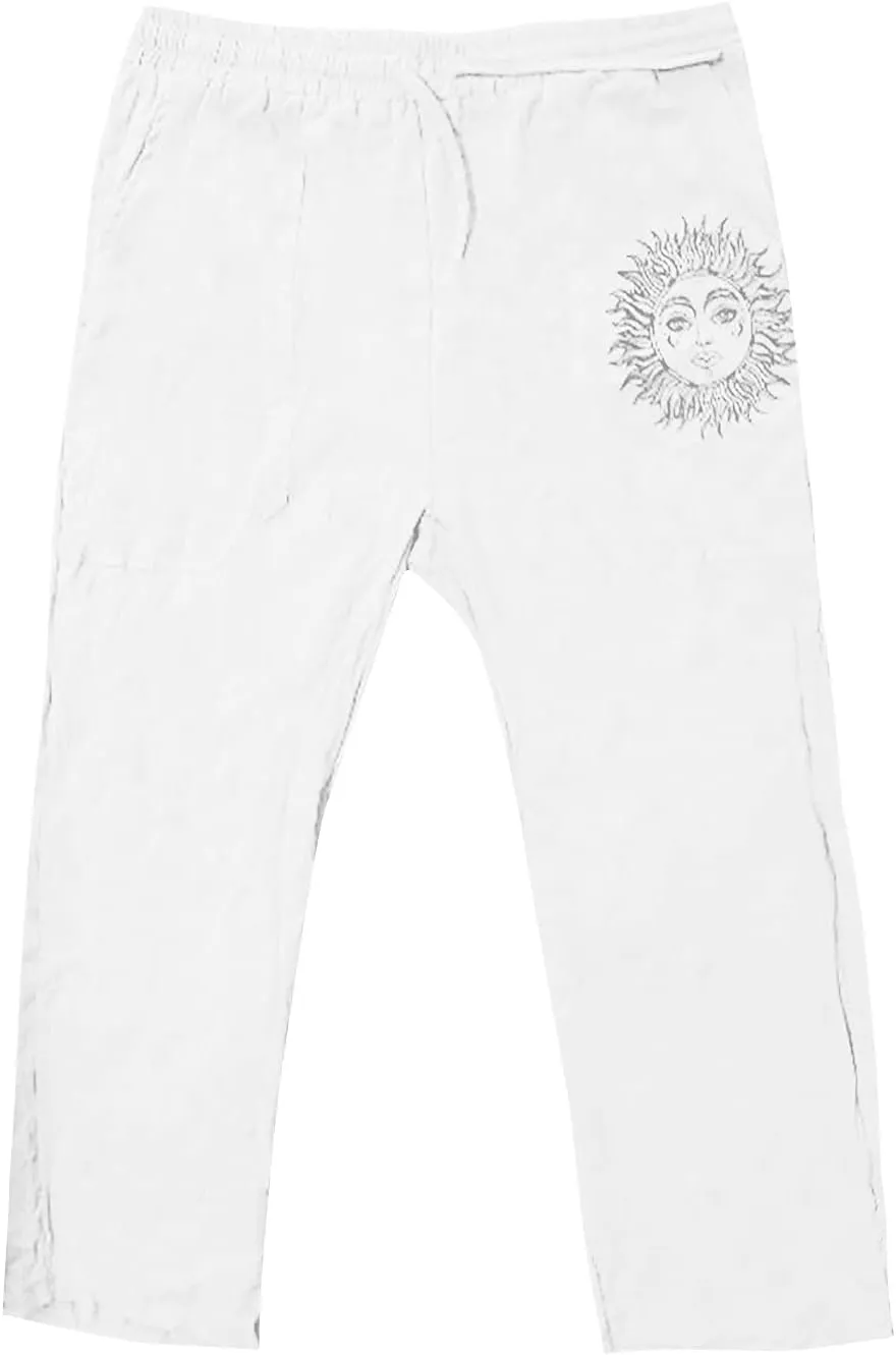WENKOMG1 Mens Cotton Linen Pants,Wide Leg Drawstring Closure Pull On Trousers Loose Fit Baggy Lounge Wide Leg Bottoms