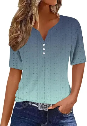 Women Dressy Causal Eyelet Tops Trendy Gradient Print Summer Shirts Short Sleeve Button Down V Neck Tunic Blouses