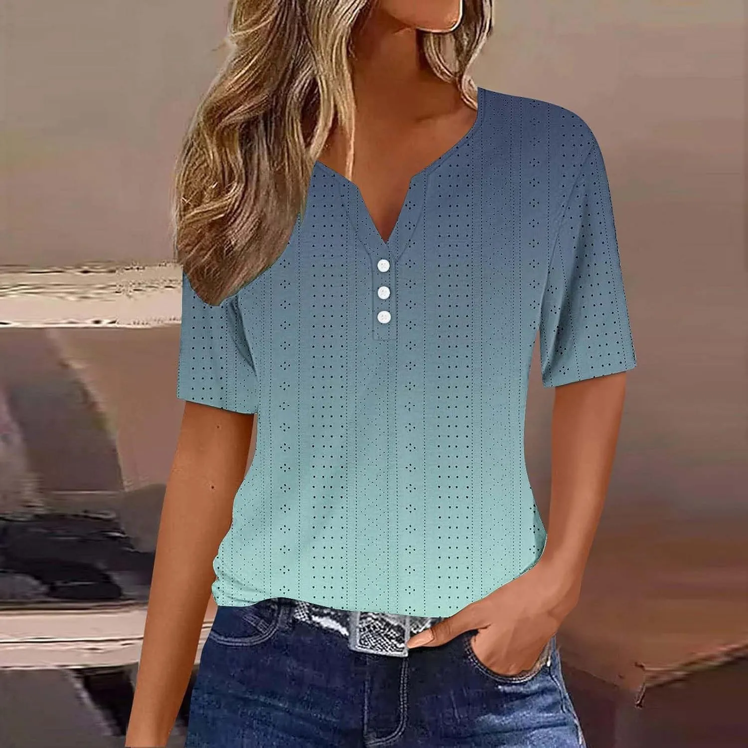 Women Dressy Causal Eyelet Tops Trendy Gradient Print Summer Shirts Short Sleeve Button Down V Neck Tunic Blouses