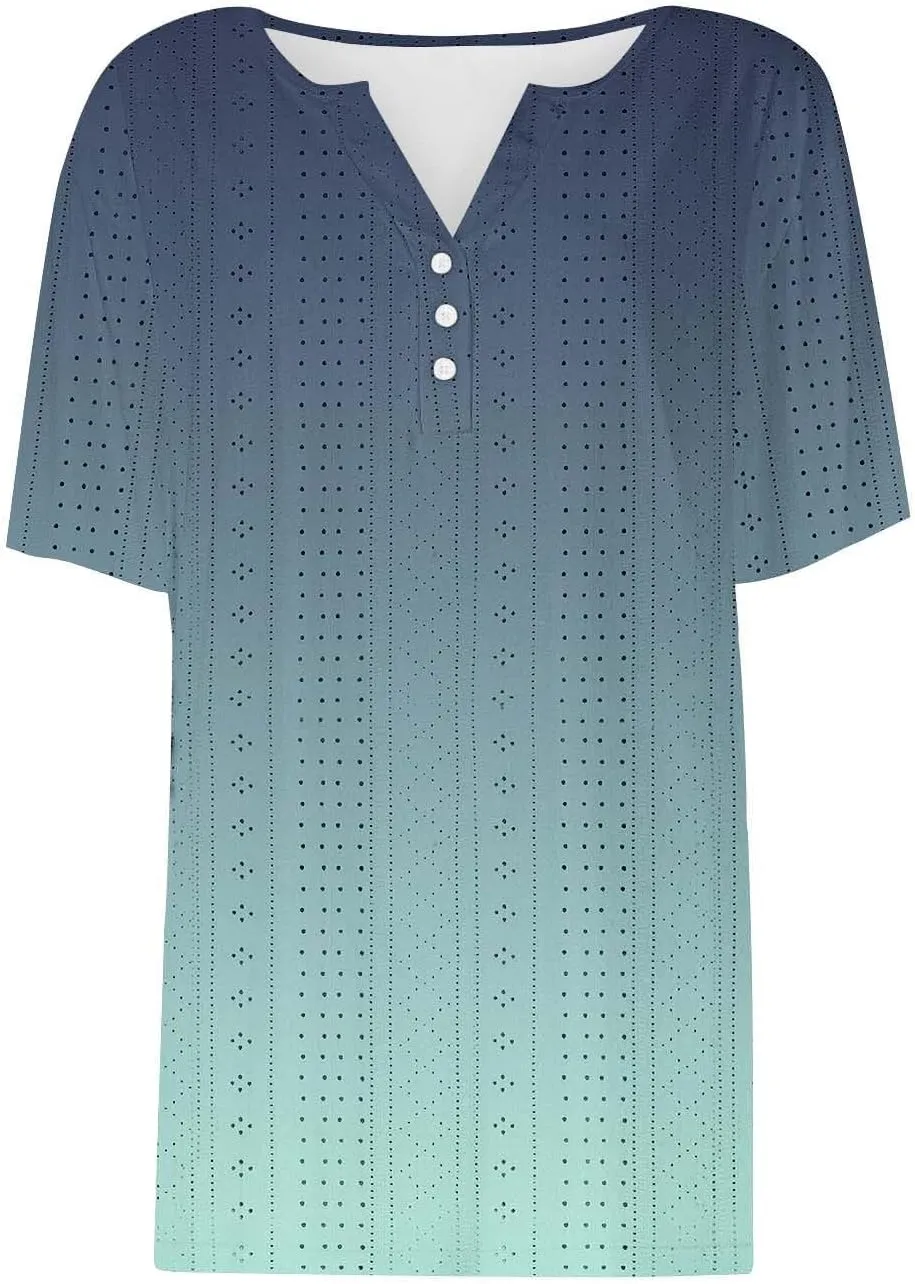 Women Dressy Causal Eyelet Tops Trendy Gradient Print Summer Shirts Short Sleeve Button Down V Neck Tunic Blouses