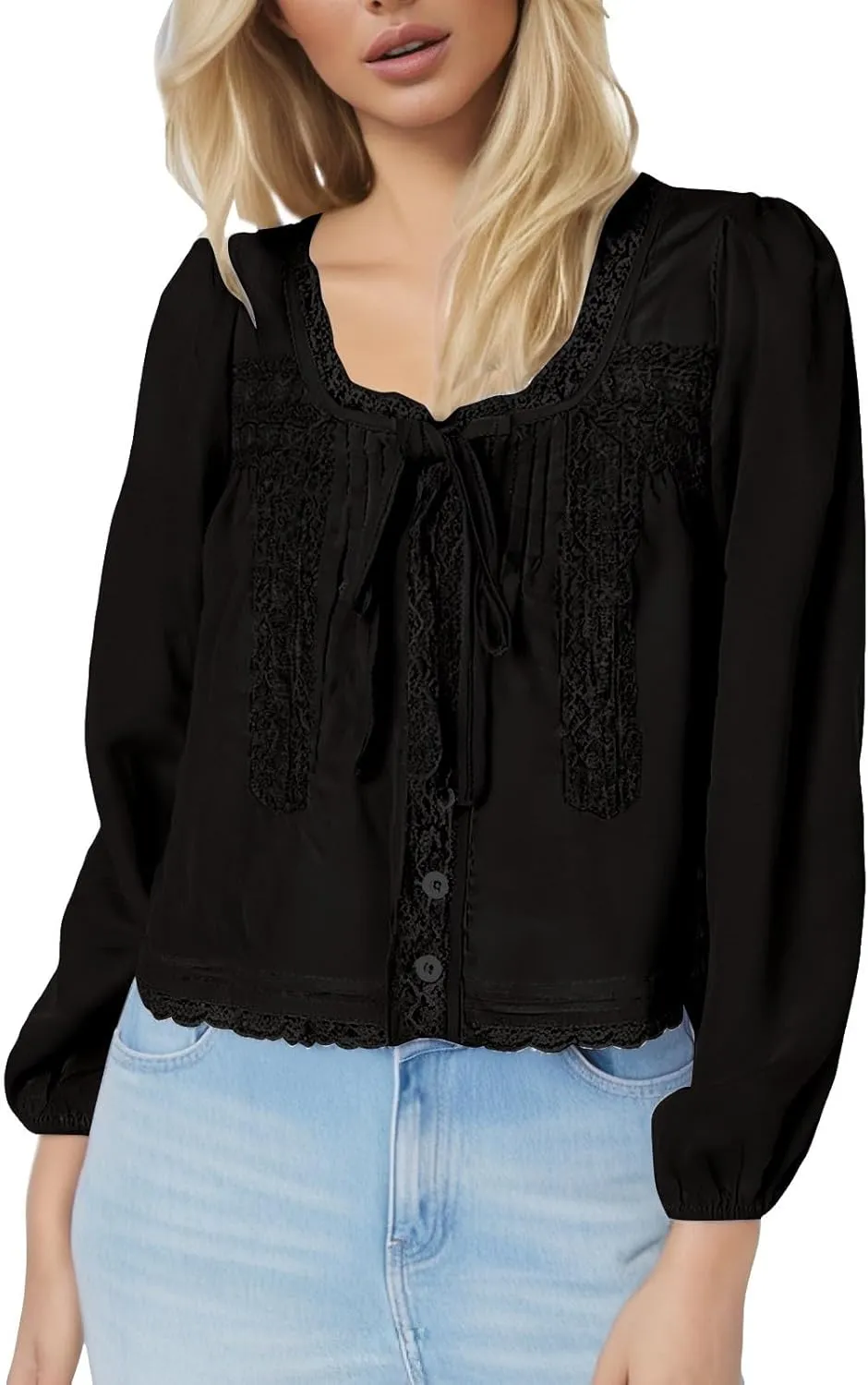 Women Lace Tie Front Top Y2k Coquette Long Sleeve Button Up Chiffon Cardigan Flowy Boho Peplum Shirt Going Out Tops in 2025