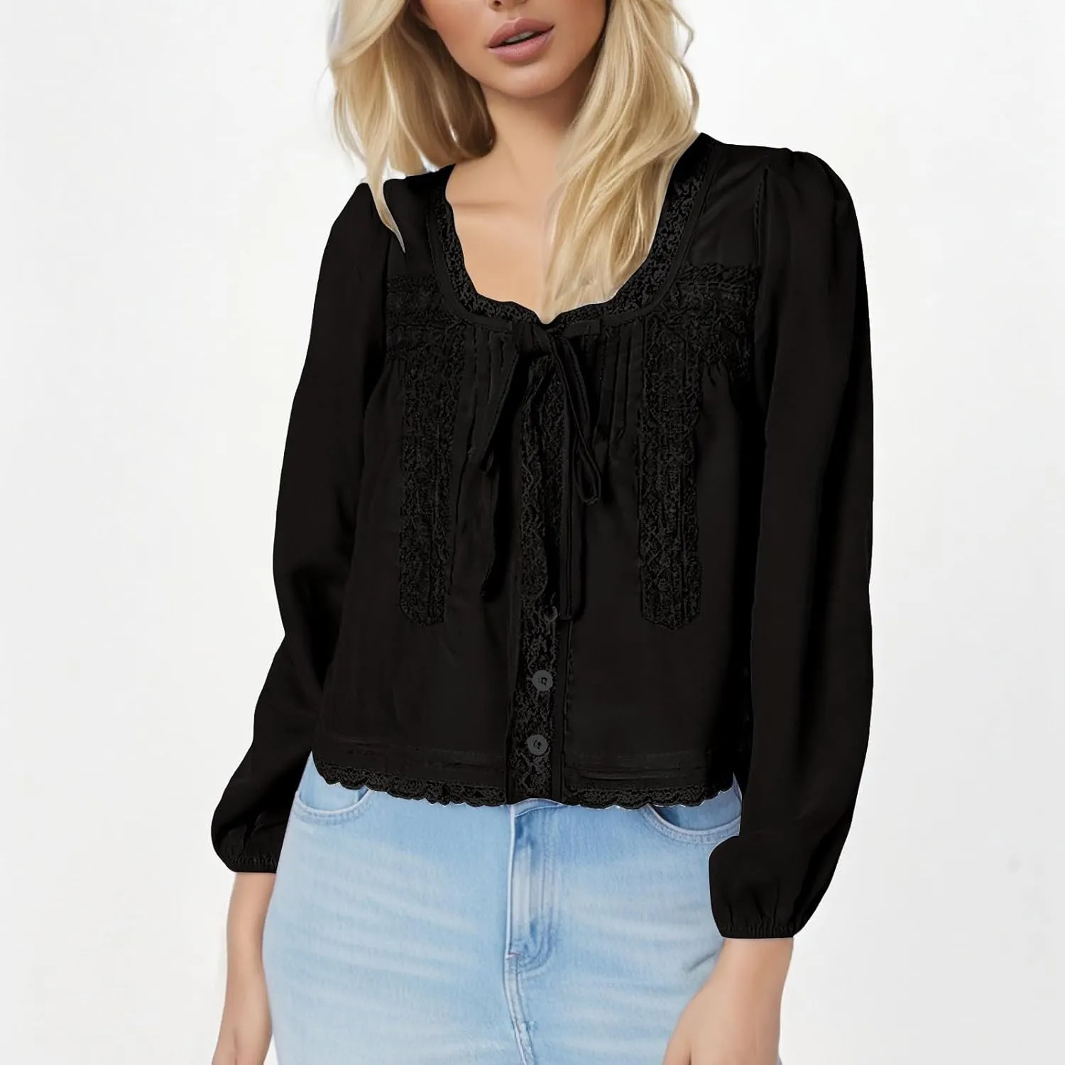 Women Lace Tie Front Top Y2k Coquette Long Sleeve Button Up Chiffon Cardigan Flowy Boho Peplum Shirt Going Out Tops in 2025