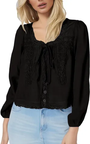 Women Lace Tie Front Top Y2k Coquette Long Sleeve Button Up Chiffon Cardigan Flowy Boho Peplum Shirt Going Out Tops in 2025