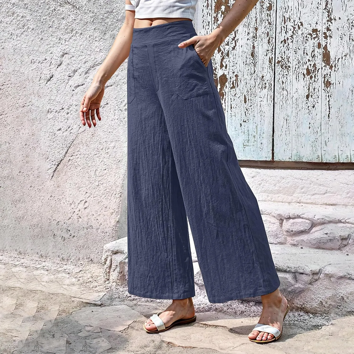 Women Linen Pants Summer Wide Leg Pants with Pockets Dressy Palazzo Pants Boho Flowy Beach Pants Dress Pants