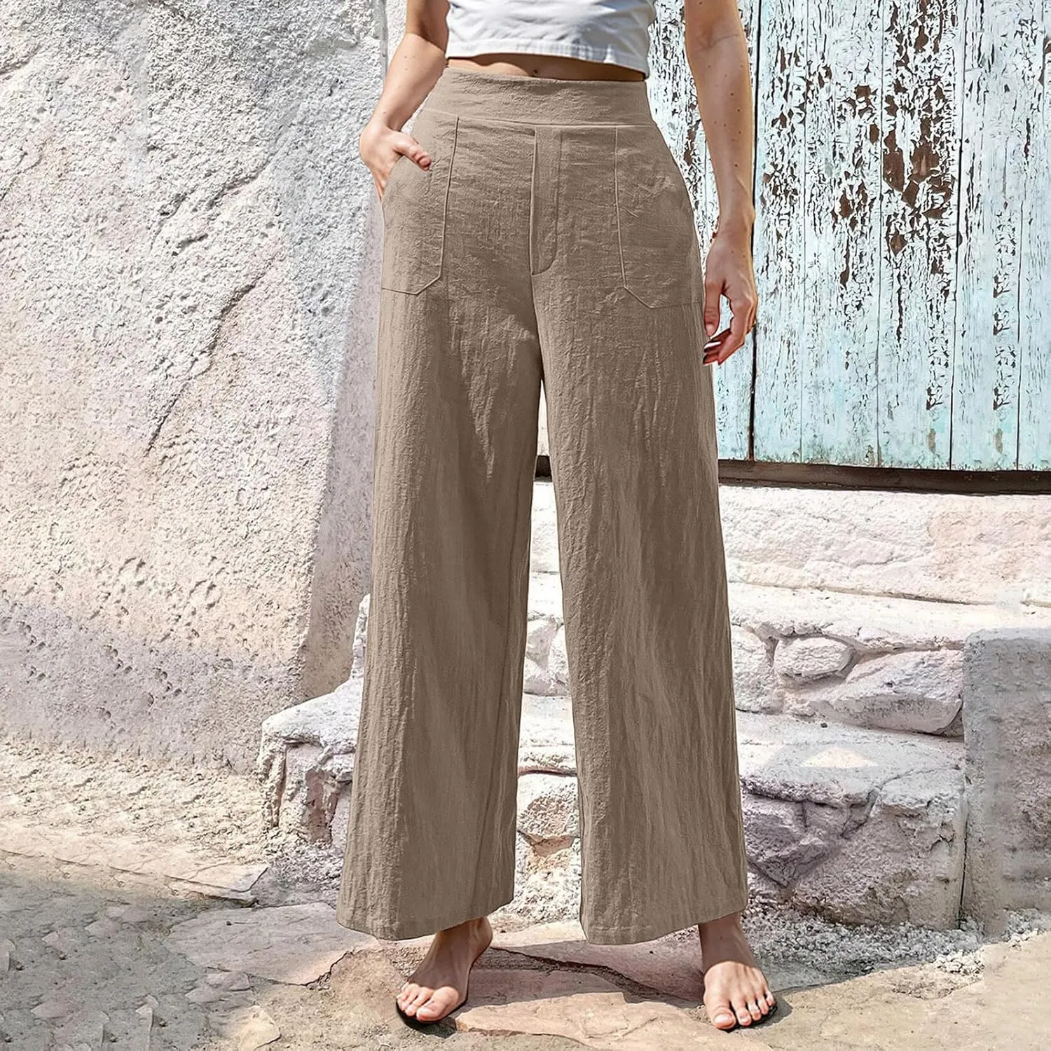 Women Linen Pants Summer Wide Leg Pants with Pockets Dressy Palazzo Pants Boho Flowy Beach Pants Dress Pants