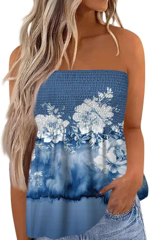 Women Tube Tops Smocked Ruffled Sleeveless Tops Beach Off Shoulder T-Shirt Print Sexy Strapless Bandeau Shirts