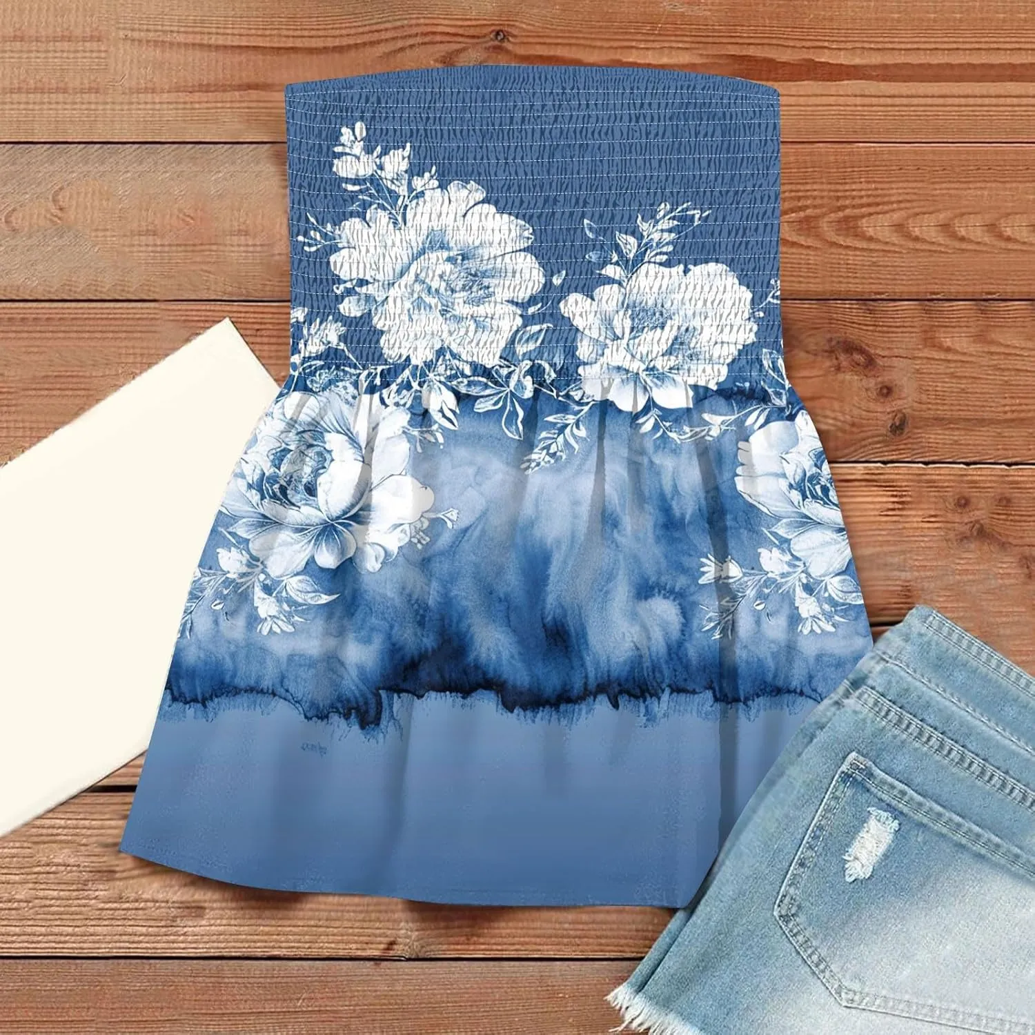 Women Tube Tops Smocked Ruffled Sleeveless Tops Beach Off Shoulder T-Shirt Print Sexy Strapless Bandeau Shirts