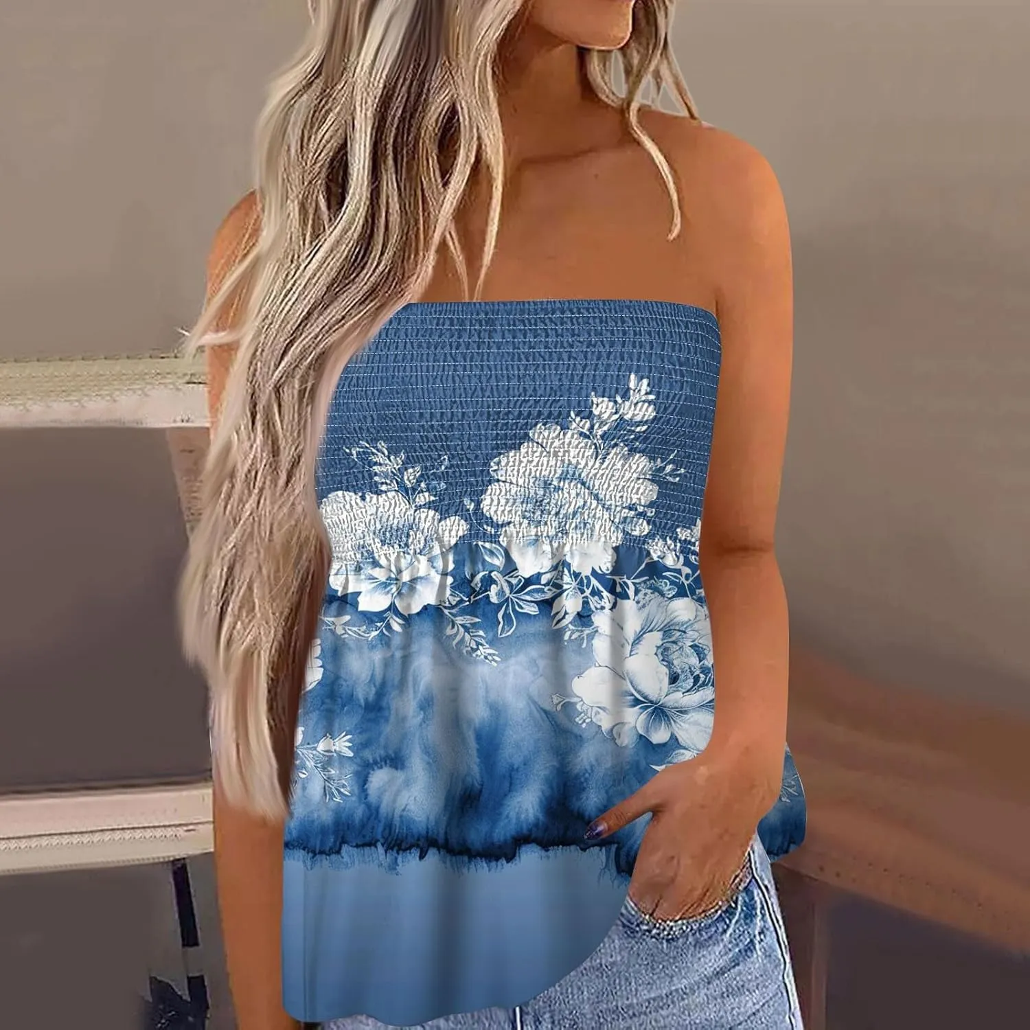 Women Tube Tops Smocked Ruffled Sleeveless Tops Beach Off Shoulder T-Shirt Print Sexy Strapless Bandeau Shirts