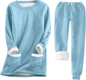 Women Winter Fleece 2 Piece Set Soft Sherpa Lined Loungewear Long Sleeve Plush Tops and Pants Lounge Outfits