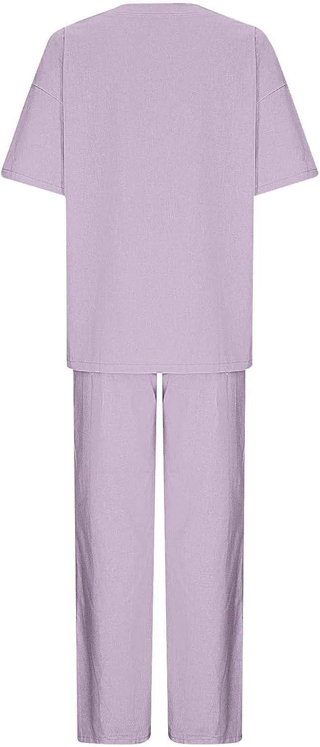 Women's 2 Piece Outfits Cotton Linen Sweatsuit Casual Short Sleeve Pullover Tops and Wide Leg Pants Lounge Sets 2025